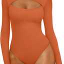 REORIA Women's Mock Neck Cutout Front Bodysuit Trendy Going Out Long Sleeve Body Suits Tops Fall Outfits 2025 (Medium, Pumpkin Orange)
