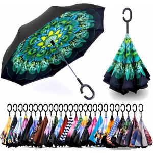 SIEPASA 49/56 Inch Inverted Reverse Upside Down Umbrella, Extra Large Double Canopy Vented Windproof Waterproof Stick Golf Umbrellas with C-shape Handle.