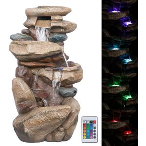 Alpine Corporation 40" Tall Floor Fountain, Tiered Rock Water Feature with Color-Changing LED & Remote, Cascading Streams for a Tranquil Garden, Patio, Yard, Deck, or Porch, Light Brown