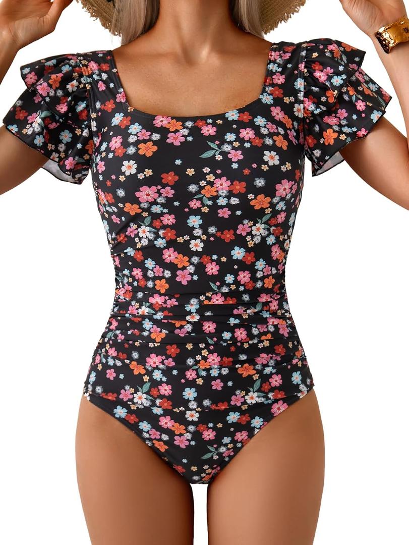 Eomenie Women's Tummy Control One Piece Swimsuit Ruffle Square Neck Bathing Suit Ruched Cutout Back Slimming Swimwear (Black, L)