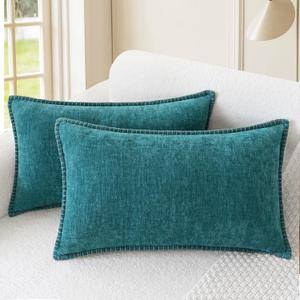 CaliTime Throw Pillow Covers Decorative 12 X 20 Inches Pack of 2 Cotton Thread Stitching Edges Solid Dyed Soft Chenille Cushion Cases for Couch Sofa Bed Living Room Farmhouse Teal