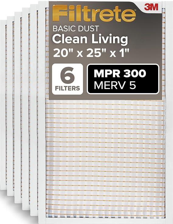 Filtrete 20x25x1 Air Filter MERV 5, 6-Pack AC Furnace HVAC Filters for Home, MPR 300 Basic Dust Defense, Pleated Electrostatic Removes Lint & Dust (Actual Size 19.69x24.69x0.81 in)
