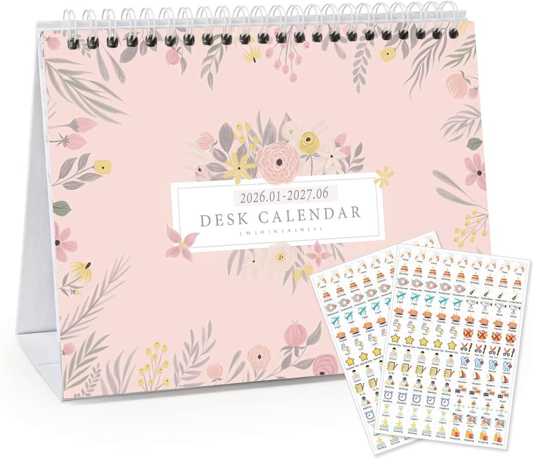Small Desk Calendar 2026-2027, Mokani Standing Desktop Calendar (Jan.2026-Jun.2027), Academic Flip Calender with Stickers & US Holidays Marked (8"x6")