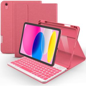 ABSONE for iPad A16 11th 10th Generation Case with Keyboard, 7 Colors Backlit Detachable Wireless Folio Keyboard Cover with Pencil Holder for iPad A16 11 inch Gen 2025 10th Gen 10.9 Inch 2022 Pink