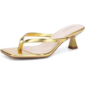 Kitten Flip Flop Thong Low Heels for Women Square Open Toe Slip On Heeled Sandals (9, Gold)