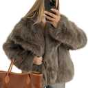 Flygo Women's Faux Fur Coat Fluffy Faux Fur Jacket Long Sleeve Lapel Furry Winter Jackets Shaggy Parka Short Coat (Medium, Light Brown)