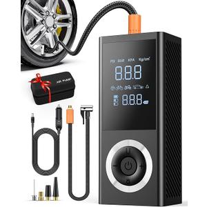 Tire Inflator Portable Air Compressor, 150 PSI Smart Air Pump for Car Tires with Digital Pressure Gauge, LED Light, 12V Car Power Adapter, Storage Box