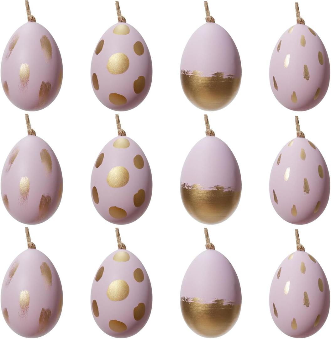 DN DECONATION 12-Piece Easter Egg Hanging Ornaments Set, Light Purple Plastic Eggs with Gold Brushstroke & Polka Dot Decor, Minimalist Spring Home Decor for Tree Wall Table, Elegant Gift Set
