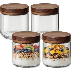 10oz 4 Pack Overnight Oats Containers with Lids, Small Glass Mason Jars with Acacia Wood Airtight Lids, Wide Mouth Meal Prep Storage Jars for Oats, Chia Pudding, Salad, Parfait, Snacks, Spice