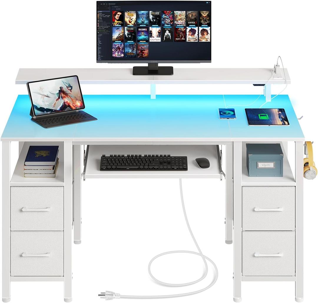 Seventable Computer Desk with Drawers, Gaming Desk with Keyboard Tray, Office Desk with LED Lights & Power Outlets, 47 inch Writing Desk with Monitor Stand for Small Space, White