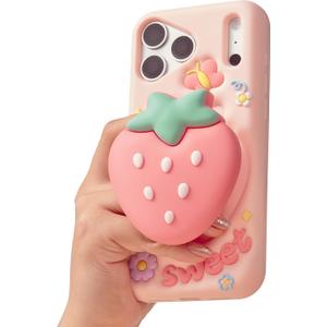 Cute 3D Strawberry Pop-Up Stand and Grip Phone Case for iPhone 17 Pro Max, Kawaii Girly Silicone Fruit Cover for Girls and Women, Pink
