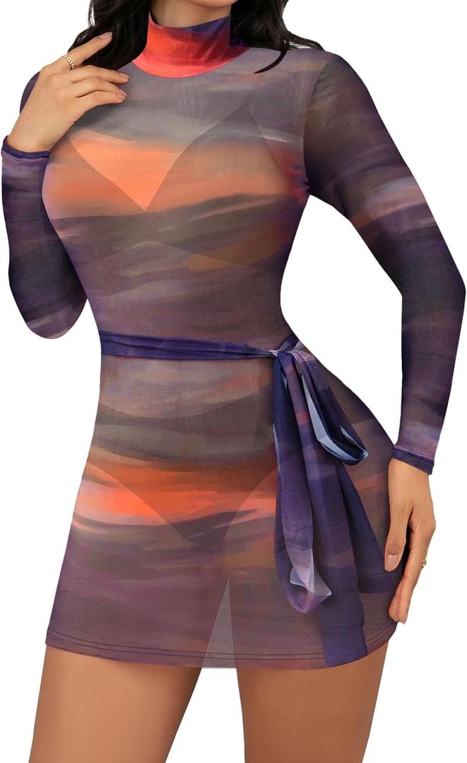 Sexy Long Sleeve Mini Dress for Women Sheer Mesh Printed Crew Neck Bodycon Party Clubwear See Through Dresses (Brown, M)