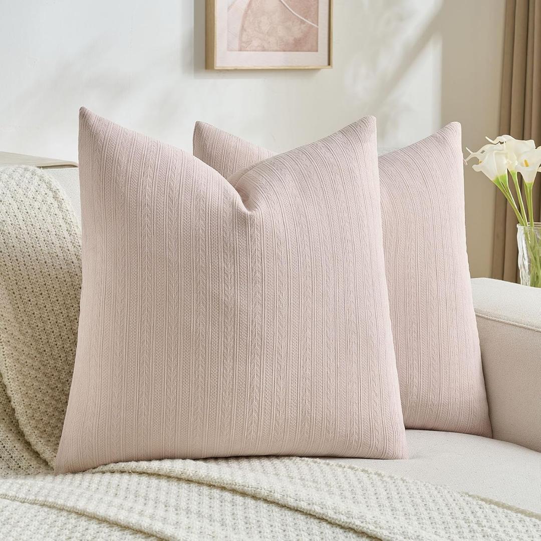FUTEI Pack of 2 Solid Chenille Throw Pillow Covers 18x18 Inch Soft Cozy Wheat Ear Striped Textured Decorative Cushion Cases Modern Farmhouse Accent for Couch Bed Living Room, Pink