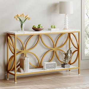 GiftGo Narrow Sofa Table 47.2 Inch, Industrial Sofa Table Behind Couch, Vintage Entry Console Table with Storage for Entryway, Living Room, Foyer, Elegant Design (White and Gold, 47.2)