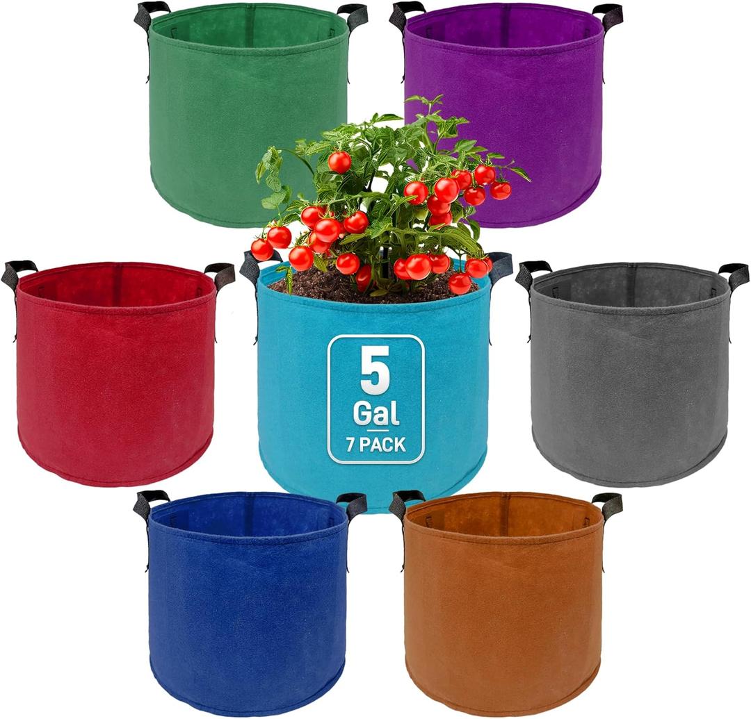7 Pack 5 Gallon Plant Grow Bags - Mixed 7 Colors with Reinforced Handles & Aeration Design, Ideal for Tomato, Flowers & Fruits