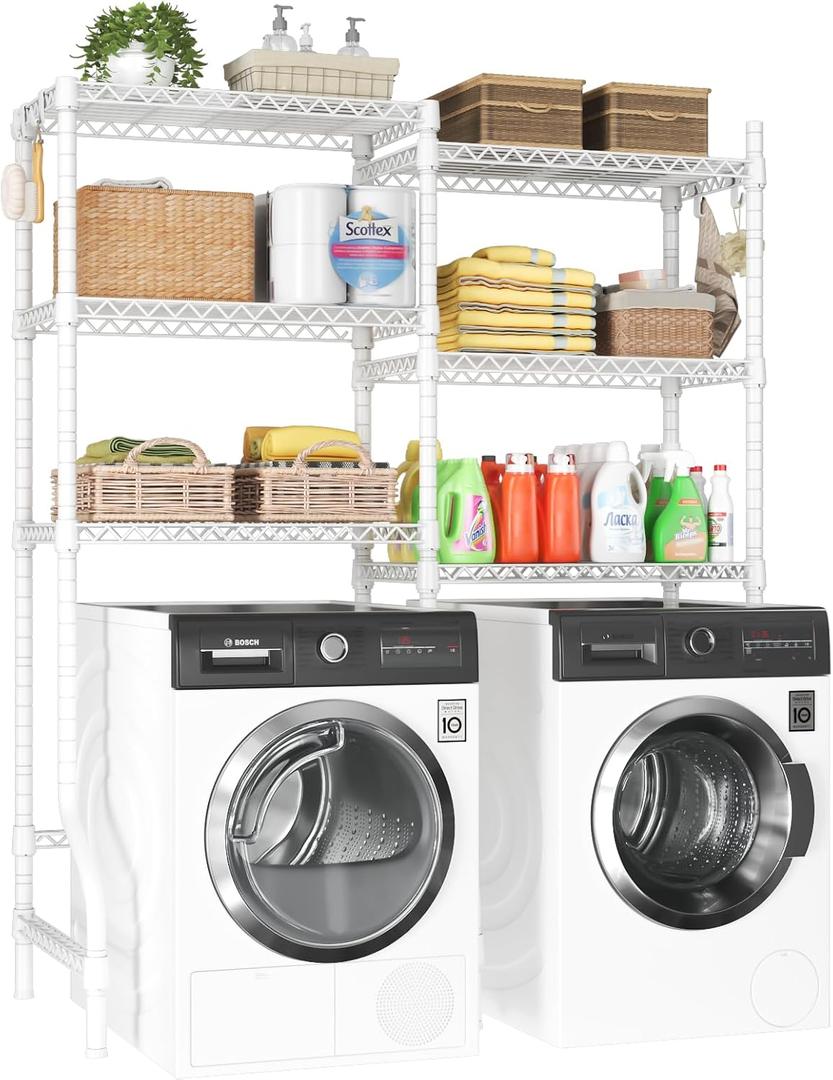 ULIFHOME U15 Over Washer and Dryer Storage Shelves, Laundry Above Washer Dryer Storage Rack Space Saver, 6-Tier Wire Shelf with 4 Hooks for Organization, 63.4"W x 17.3"D x 76.4"H, Holds 568lbs, White