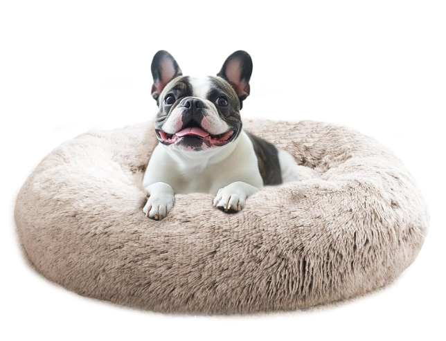 JOLLYVOGUE Calming Dog Bed for Small Dogs  23 inches Donut Washable Small Dog Bed for Kittens & Puppies, AntiSlip Round Fluffy Plush Faux Fur Cat Beds (Fits up to 25 lbs Pets, Cream Brown)