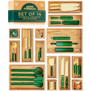 Grow Forward Bamboo Drawer Organizer Boxes - Set of 14 Wooden Drawer Organizers for Kitchen, Bathroom, Office, Desk, Vanity, Makeup - Non-Slip Junk Drawer Organizer Trays for Storage and Organization