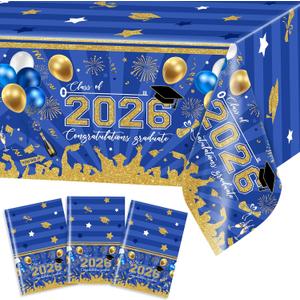 Avezano 3 pcs Graduation Tablecloths 108x54 inch Graduation Table Cloths Class of 2026 Blue and Gold Grad Party Tablecover Decorations Plastic Disposable