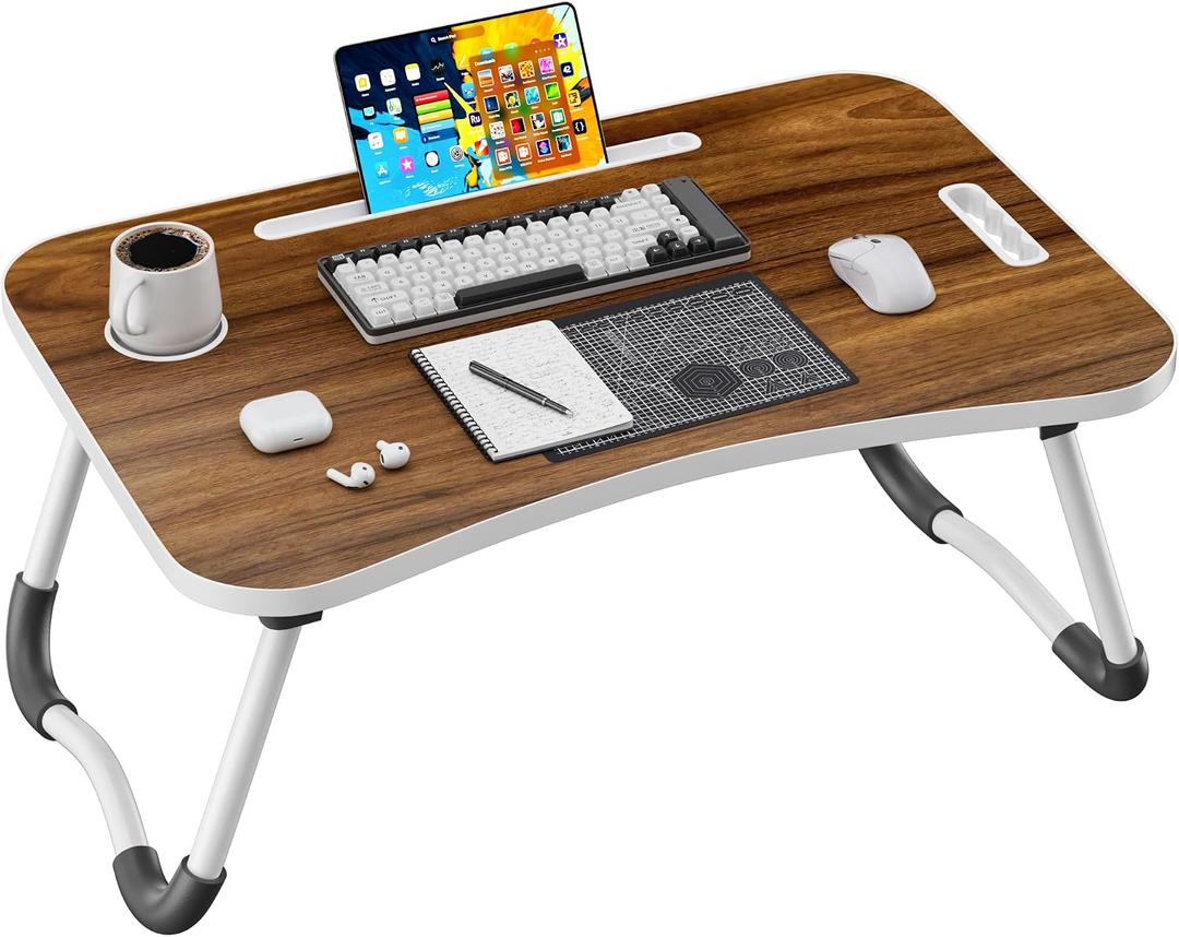 Folding Lap Desk, 23.6 Inch Wood Laptop Bed Desk with Cup Holder, Portable Bed Table for Working Writing Reading, Eating for Bed, Floor, Sofa, Couch - Brown