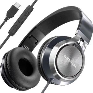 INFURTURE USB C Headphones with Mic,Volume Control,Tangle-Free Plaiting Line,Type C Headphones Wired,Lightweight Foldable for iPhone 17/15/16 Headphone Series/Tablet/School/Travel/Sports/Audiobooks