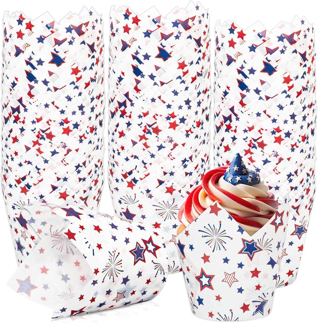 AnyDesign 200Pcs Patriotic July 4th Tulip Cupcake Liners Muffin Baking Cups Red Blue White Stars Fireworks Cupcake Wrappers for 250th Anniversary Independence Day Party Supplies Table Decor