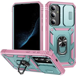 for Samsung Galaxy S24 Case Military Grade Drop Shock Protection Cell Phone Cover with Slide Camera Cover Built-in 360 Rotate Ring Stand for Galaxy S24 6.2 - Pink