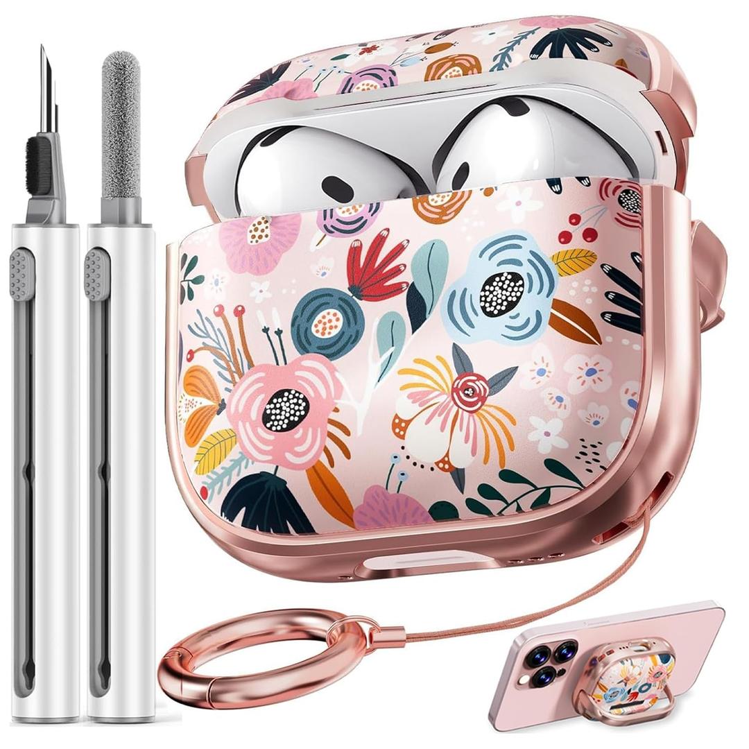 Inesore with Safety Lock for AirPods 4 Case Cover 2024,Floral Cute AirPod 4th Generation Case for Women Girly with Cleaner Kit and Keychain- Pink Berry Flower