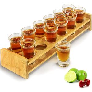 Shot Glasses Set 12pcs 30ml/1oz Shot Glass Tray Holder Organizer Straight Thick Base Clear Whiskey Tequila Glass Cups for Liqueurs Party Club Home Bar Drinking (Set of 12)