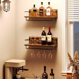 HOOBRO Wall Mounted Rack 2 Pack, Wine Shelf Hanging Floating Wall Shelves, Glass Bottle Rack Stemware Holder, for Living Room, Dining Room, Kitchen, Rustic Brown and Black BF28BJ01