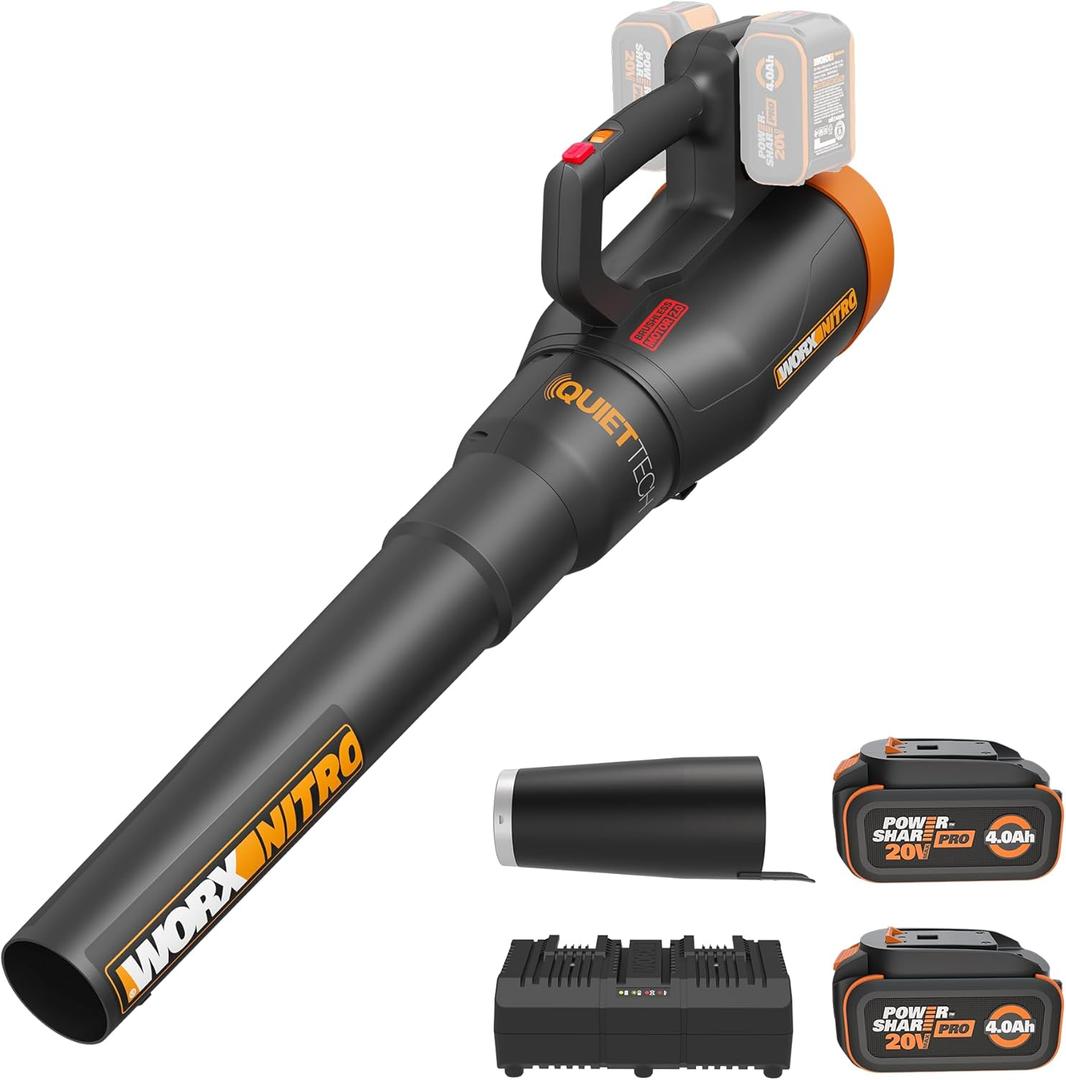 WORX Nitro Cordless Leaf Blower, Quiet Electric Blower for Lawn Care with 530 CFM & 180 MPH, 2  4.0 Ah Batteries & Charger Included, WG581.1