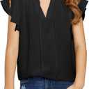 DOKOTOO KIDS Girls Summer Tops Casual Drawstring V Neck Short Sleeve Ruffle Shirts Cute Chiffon Blouse Black 14-15 Years