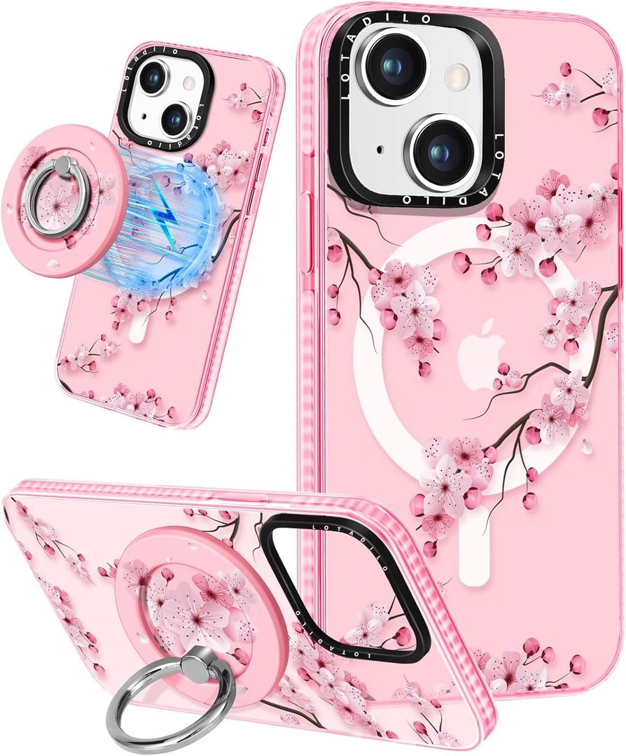 for iPhone 15 Plus Case for Women - Girls Kawaii Design Compatible with Magsafe Magnetic Ring Holder Stand Peach Blossom Phone Covers Aesthetic Girly TPU Funda for 15 Plus