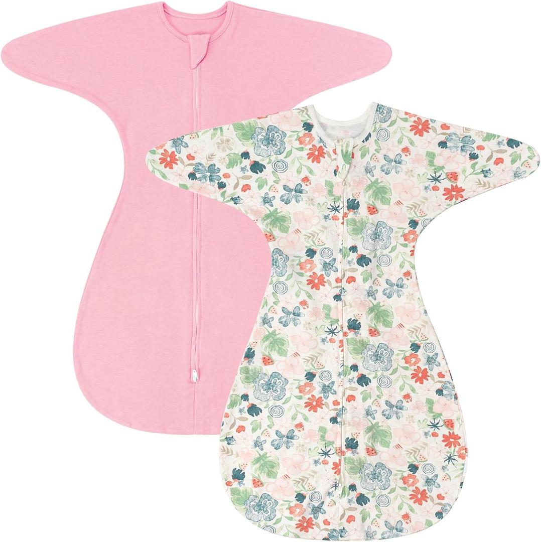 ZIGJOY Shark-Fin Transition Swaddle - 1.0 Tog Baby Sleep Sack Soft Cotton Transitional Swaddle Baby Wearable Blanket with 2-Way Zipper for All Seasons, Pink&Flower, 6-12 Months