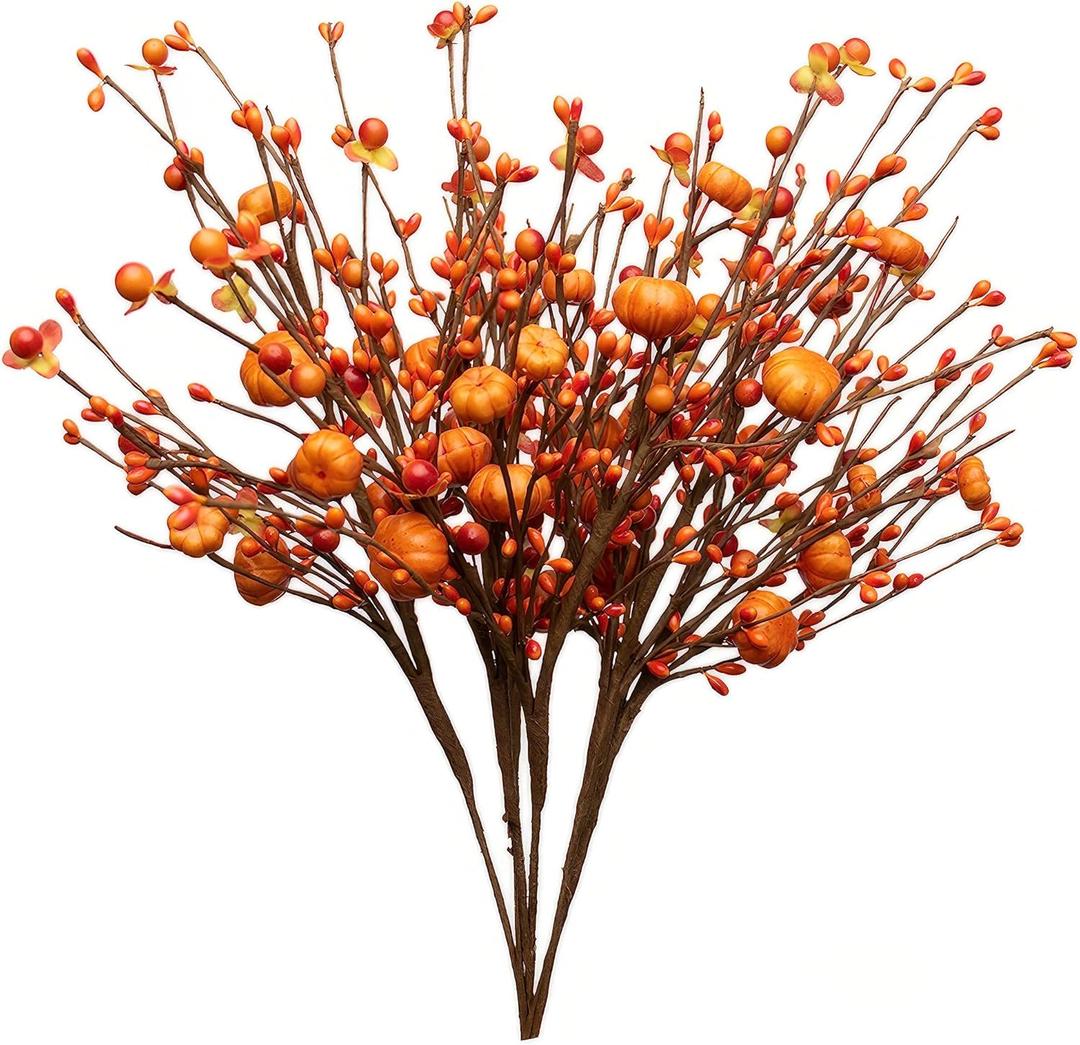 VioletEverGarden 6Pcs Artificial Fall Berry Stems, Orange Pumpkin Picks Floral with Berry Fall Picks for Floral Arrangements, for Autumn Thanksgiving Home Table Centerpiece Decorations (17in)