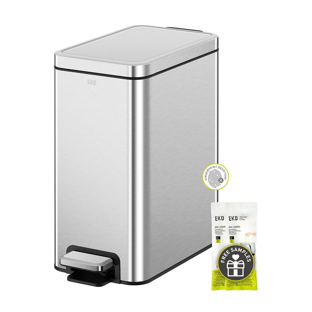 EKO Small Bathroom Trash Can with Lid Soft Close, Step Pedal, 10 Liter / 2.6 Gallon Stainless Steel Garbage Can with Removable Inner Bucket, Anti-Fingerprint Finish (Silver)