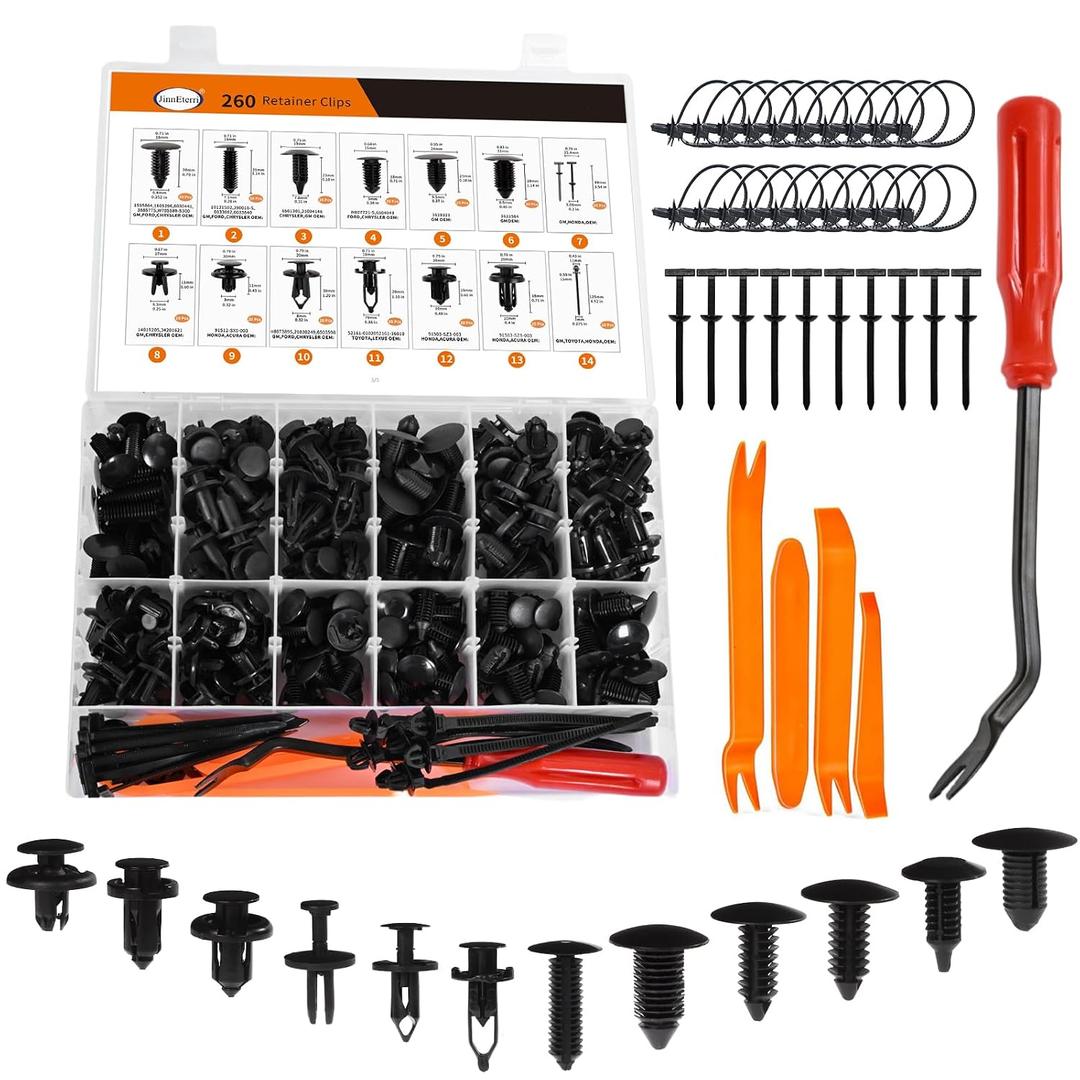 260PCS Car Bumper Retainer Clips Kit - Auto Plastic Rivets & Push Fasteners Set, Most Popular Sizes for Door Trim, Panel, Fender - Compatible with GM, Ford, Toyota, Honda, Chrysler