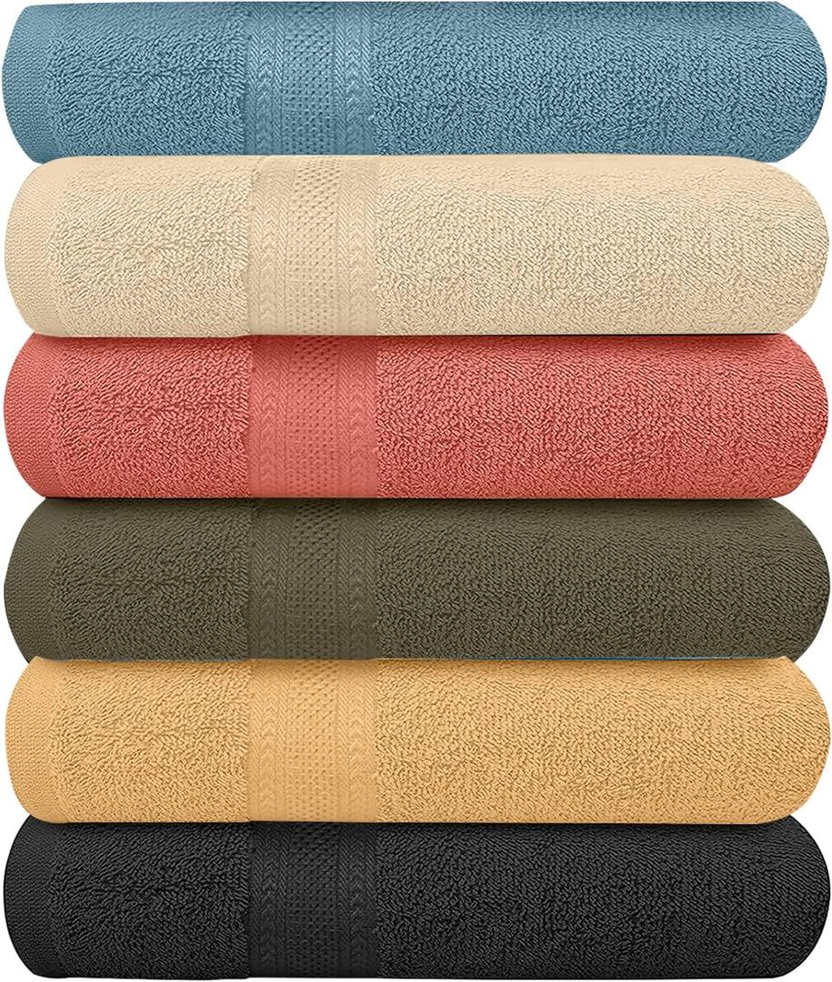 Pack of 6 Bath Towels Set 27 x 54 Inches, 100% Cotton, Larger & Lighter Weight, Quicker to Dry, Super Soft and Absorbent, Perfect for Bathroom (Multicolor, Pack of 6 (27''x54''))