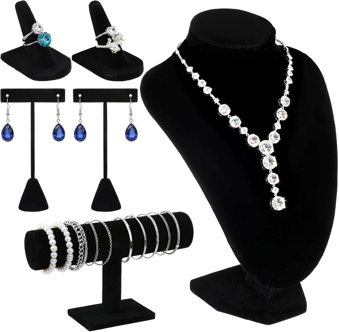 6 Pcs Velvet Jewelry Display Set- Velvet Necklace Bust Holder Mannequin Bust & T-Bar 2 T Shape Earing Stand 2 Ring Finger Jewelry Holder Bracelet Organizer