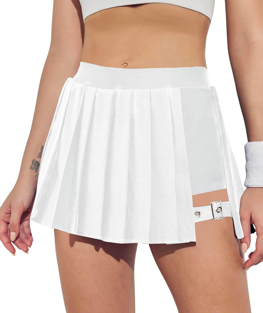 BZB Pleated Skirts for Women High Waisted Tennis Skirts Adjustable Buckle Athletic Skorts Skirts with Pocket (Small Short, White)