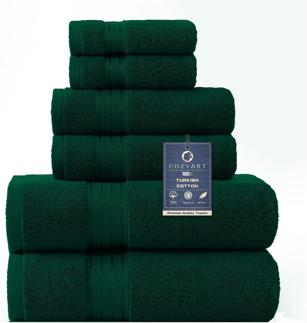 COZYART Dark Green Bath Towel Set 6Pcs, Turkish Cotton Hotel Soft Absorbent Thick Bathroom Towel Sets of 6 with 2 Large Bath Towels, 2 Hand Towels, 2 Washclothes, 650 GSM (6 Piece Towel Set, Dark Green)