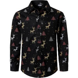 JOGAL Big Boys Girls Christmas Shirts Santa Claus Party Long Sleeve Button Down Shirts for 6-16 Years Old (11-12 Years, Black)