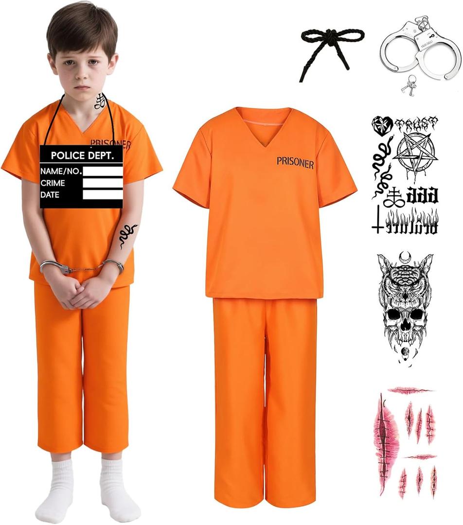 Kids Prisoner Costume Orange Prison Inmate Outfit Halloween Jail Criminal Jumpsuit Pant Set for Boys Girls (Large)