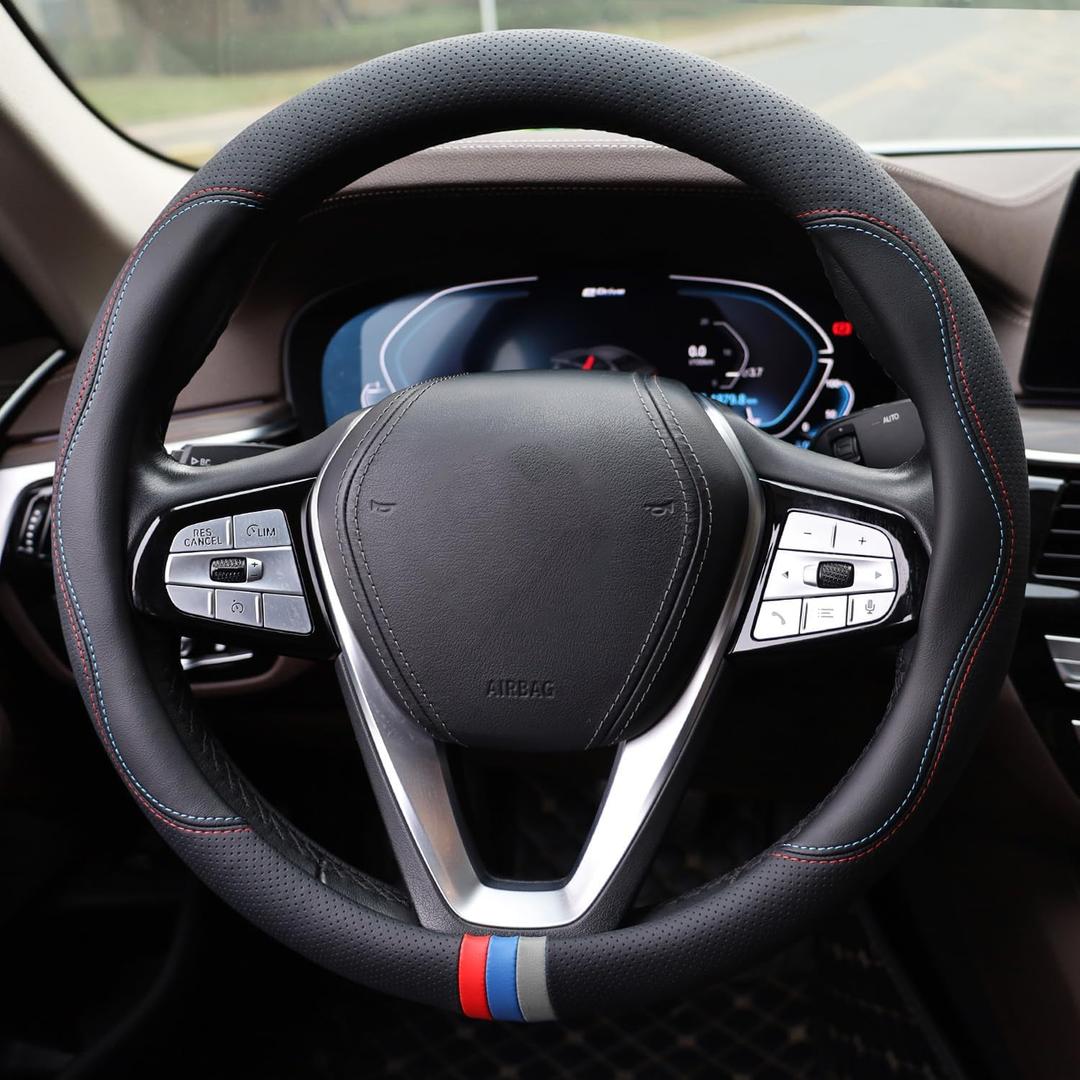 SZYUCHEN Car Steering Wheel Cover for BMW X3 X5 X7 3 5 Series 328i 528i 535i 530i 540i 320i 330i 325i X1 X2 X4 X6 1 2 4 6 7 8 Series e90 e60 f30 Accessories, 2026 Leather Black (Red Blue)