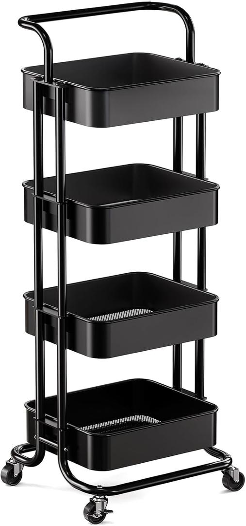 Pipishell 4 Tier Mesh Utility Cart, Rolling Metal Organization Cart with Handle and Lockable Wheels, Multifunctional Storage Shelves for Kitchen Living Room Office White, PIUC12B (Black)