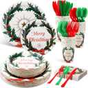350 Pcs Merry Christmas Paper Plates and Napkins Set for 50 Guests Disposable Dinner Tableware Dinnerware Party Supplies Includes 100 Paper Plates 50 Cups Napkins Set Knives Forks Spoons (Green)