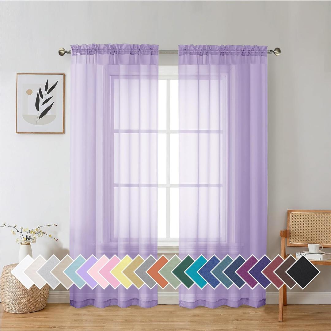 Aiyufeng Light Purple Sheer Curtain Panels Pair Sold 72 Inch Length, Light Filtering Window Curtain Drapes Treatment for Kitchen, Bedroom/Children Room, Voile Top Dual Rod Pocket, 2 Pack of 42 x 72" (Lavender)