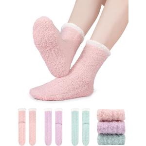 3 x 3 Pairs Fuzzy Socks for Women, Cozy Ladies Socks, Christmas Gifts & Stocking Stuffers, Warm Winter Gift (Pink-purple-green)