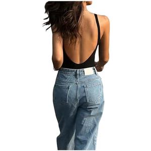 MakeMeChic Women's Sexy Square Neck Thong Bodysuit Open Back Cami Bodysuit Top XS