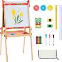 DUMOS Kids Easel Set with Paper Roll, Adjustable Height Double-Sided Magnetic Chalkboard & Whiteboard Art Station for Ages 3+, Dry Erase Board, Gift for Girls and Boys, Red, 21.3W